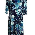 Vintage 80s Betsys Things Midi Dress 16 Blue Floral Dolman Sleeve Zip Belt Loops Photo 0