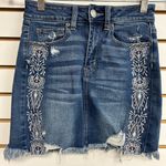 American Eagle  Super Hi-Rise Mini Jean Skirt Stretch Embroidered Distressed SZ 0 Photo 0