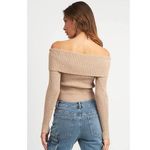 Emory park Tan Metallic Off Shoulder Ribbed Knit Long Sleeve Crop Sweater Top S Photo 2