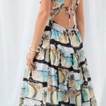 Anthropologie R. G. Kane Costa Beach Postcard Print Open Back Tiered Midi Dress Size Large Photo 2