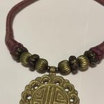 Vintage Handmade Maroon Statement Costume Jewelry Necklace Brass Pendant Photo 4