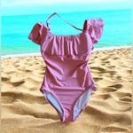 Michael Kors  Pink Ruffle Swimsuit Built in Shelf Bra Padded Cups Off Shoulder 6 Photo 2