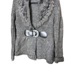 John Fashion Y2K Sweater Wool Blend Large Gray Knit Cardigan Faux Fur Collar Photo 2