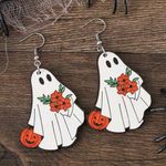 White Ghost Pumpkin Pattern Dangle Halloween‎ Earrings Wooden Jewelry Photo 2