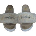 Exe Slides Sandals Beige Rhinestone Flat Heel Platform Slip On Fluffy 39 8.5 Tan Photo 0