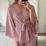 LAKE Pajama DreamModal Kimono Robe Wrap Top Red and White Striped Medium Photo 9