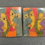 Vintage 70's Modernist Colorful Abstract Faces Resin Lucite Large Earrings 16.8g Photo 3