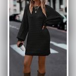 NEW Black Long Batwing Sleeve Cable Knit Sweater Mini Dress L Size L Photo 3