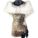 COQUETTE Y2K Mermaid Sequins Body Con Mini Dress Faux Fur Off Shoulder Women’s M Gold Size M Photo 3
