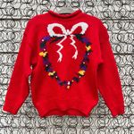 Vintage Red Mock Neck Sweater Wreath Bow Floral Knit Hasting Smith SMALL Photo 0