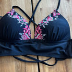 Hula Honey  Black Embroidered Floral Bikini Top Size M Photo 0