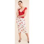 For Love & Lemons Wilma Midi Skirt Cherry Rose Print White Drawstring Ruched Red Photo 2