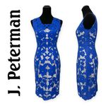 J Peterman | Size 0 | Royal Blue Battenberg Lace White Linen Lined Sheath Dress Photo 1