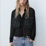 ZARA  black chiffon tweed pockets long sleeve collar blouse NWT Photo 9