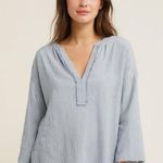 Velvet by Graham & Spencer Blue White Striped Fringe Peasant Coastal Top Size S Photo 0