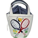 Handmade  VNTG Tennis Rackets Top Handle Tote Bag White Vinyl Emroidered Handbag Photo 0