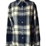 Tizzie Shirt Women Medium Blue Ivory Plaid Cotton Fringe Hem Button‎ Down Preppy Photo 0