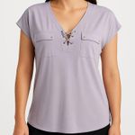 Daisy Fuentes  Light Purple Lace Up V Neck Chest Pockets Short Sleeve Top Large‎ Photo 0