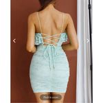 Here Comes the Sun mint green lace ruched lace up back mini dress Photo 2