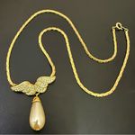 Vintage Unsigned Pave Crystal Angel Wing Faux Pearl Teardrop Gold Photo 0