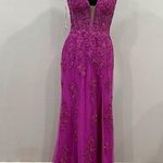 Sherri Hill  56077 Halter Leaf Lace Gown Magenta Size 12 Photo 0