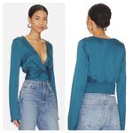 Free People  miraya turquoise front twist satin long sleeve crop top Photo 2