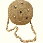 Handmade Straw Round Shoulder Bag with Gold Chain and Pins Photo 0