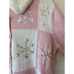 Ms. Lee Women’s L Cardigan Faux Fur Collar Pink Plaid Snowflake Beaded Knit Size L Photo 3