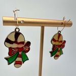 Vintage 80's Christmas Candy Cane Enamel Dangle Earrings Green Photo 6