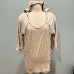 Ella Moss  Oatmeal Beige Grey White Stripe Hooded Scoop Neck 3/4 Sleeve Top Small Photo 1