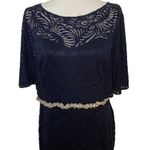 Adrianna Papell  Gown Lace Beaded Belt Cape Sleeve Navy Formal Evening, Size 12 Photo 3