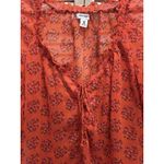 Old Navy Blouse Size XS Orange/Purple Floral Tie/Smocked Neck 1/2 Puff Sl Sheer Photo 2