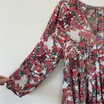 Raga  Pink Red Rose Floral Long Sleeve Tie Neck Boho Maxi Flowy Dress M Photo 3