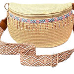 Boutique NEW!Straw Crossbody Bag w/ Beaded Trim Woven Shoulder Strap, Boho Style, Natural Photo 0
