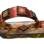 VINTAGE Wood Bag Hand Carved Diamond Shapes Leather Handle Fabric Mini Hexagon Photo 7