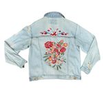 Forever 21 Blue Denim Pink Orange Floral Embroidered Distressed Jean Jacket sz M Photo 1