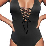 Cupshe -Black Ribbed Plunge Lace Up Criss Cross Back One Piece Swimsuit XL Photo 0