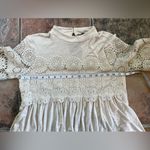 American Eagle  Linen Blend Cottage Core Cream Crochet Overlay Keyhole Back Top Photo 5