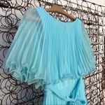 Vintage 60s light blue sheer cape accordion pleat dress maxi MEDIUM? Photo 1