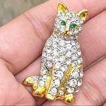 Vintage Unsigned Rhinestones Cat Brooch with Green Eyes Photo 3