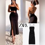 ZARA Draped Ruched Midi Black Dress Front Split Bloggers Size S Photo 1