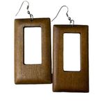 Handmade Rectangular Wooden Dangle Earrings With Cutout Design u Brown Photo 0