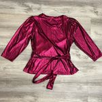 New York And Company Hot Pink Shimmery 3/4 Sleeve Wrap Blouse Size Medium Photo 3