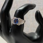 Sterling Silver 925 Oval Blue Sapphire Diamond Halo Elegant Engagement Ring Photo 4