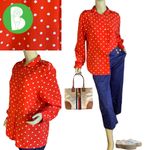 CHAUS NEW YORK VINTAGE 1980'S CHAUS RED WITH WHITE POLKA DOTS BUTTON FRONT BLOUSE (16) Photo 1