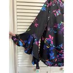 Bar III  Satin Black/Multi‎ Floral 3/4 Flutter Sleeve Blouse Size M Wrap Front Photo 3
