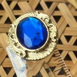 Vintage Clip On Earrings 80’s Gold Blue Gemstone Jewel Rhinestone Oval Photo 2