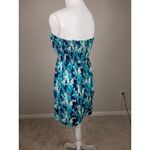 Free People  Strapless Blue & Teal Abstract Print Mini Dress With Smocked Back Photo 4