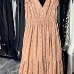 Lulus  Cause to Celebrate Mauve Silver Metallic Ruffle Tiered Midi Dress Photo 0