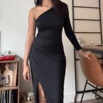 Black One Shoulder Long Sleeve Ruched Maxi Dress Slit Size M Photo 1